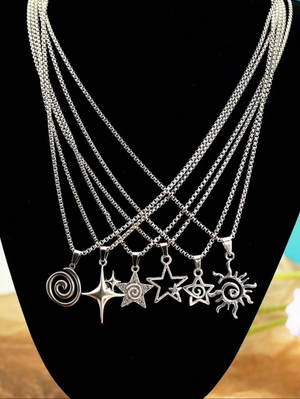 Vintage Gothic Stainless Steel Chain Necklace Set, 6-Piece Punk-Style Pendant Jewelry for Women and Men, Ideal Gift for All Occasions