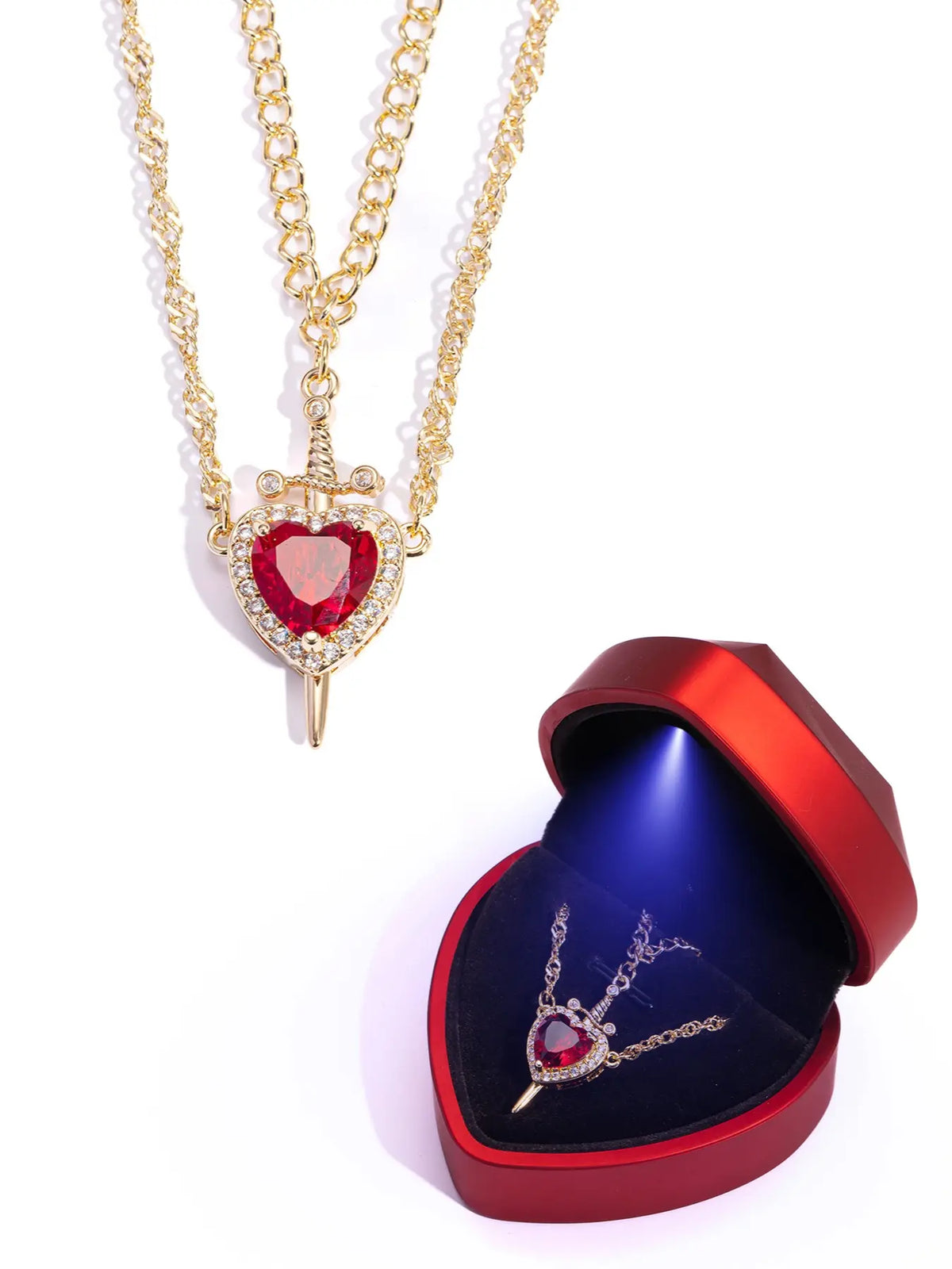 2pcs Heart and Sword Necklace Set, Love Heart Necklace, Amour Heart Necklace, Unique Couple's Jewelry, Fashionable Jewelry Accessories, Silver Color, Durable Fashion Accessory, Birthday Gift Jewelry, Perfect for Weddings & Parties, Includes Rose Box