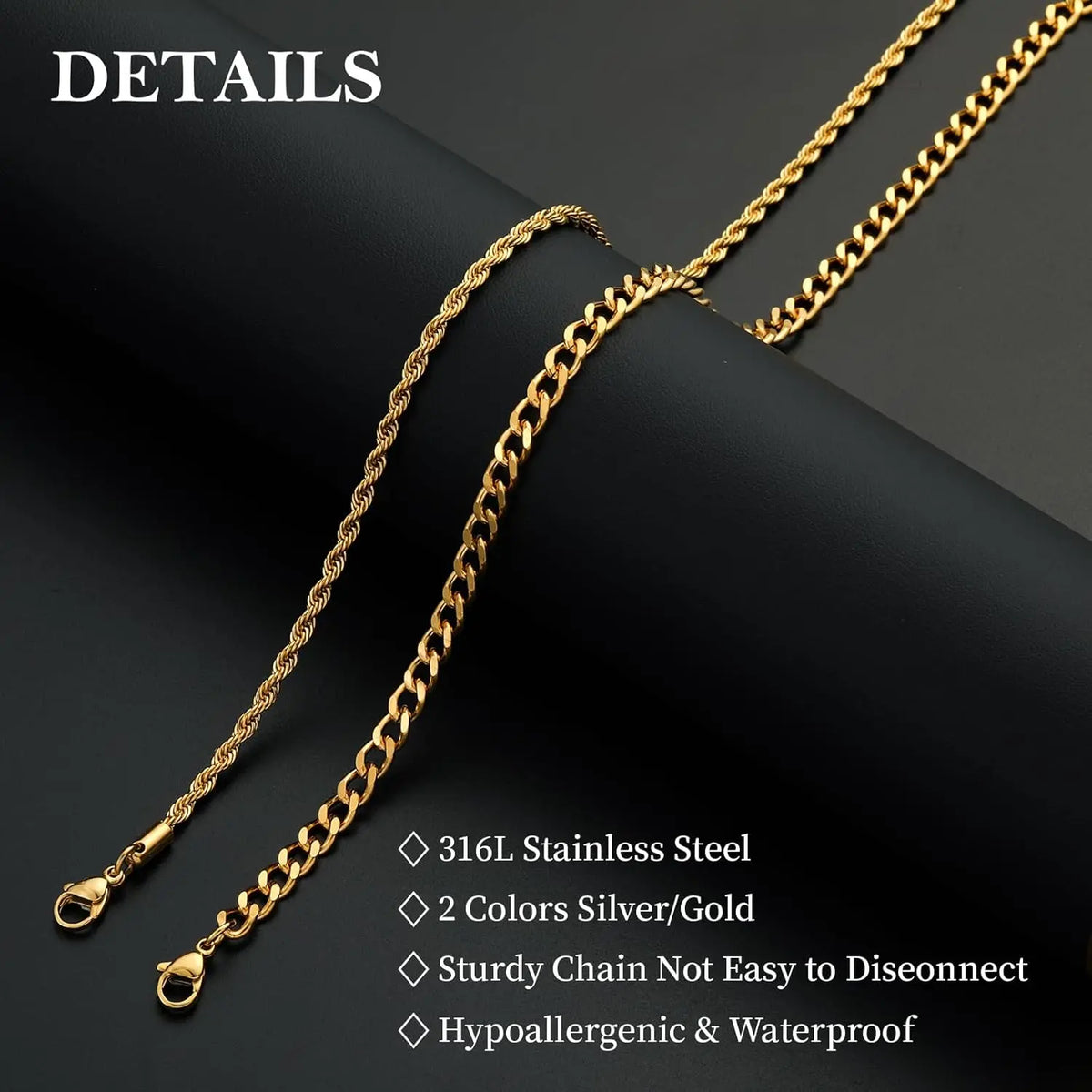 Layered Chain Necklaces for Men, 2Pcs Stainless Steel Cuban Chain/Rope Chain Christmas Jewelry Gifts, 18/20, 20/22, 22/24 Inches