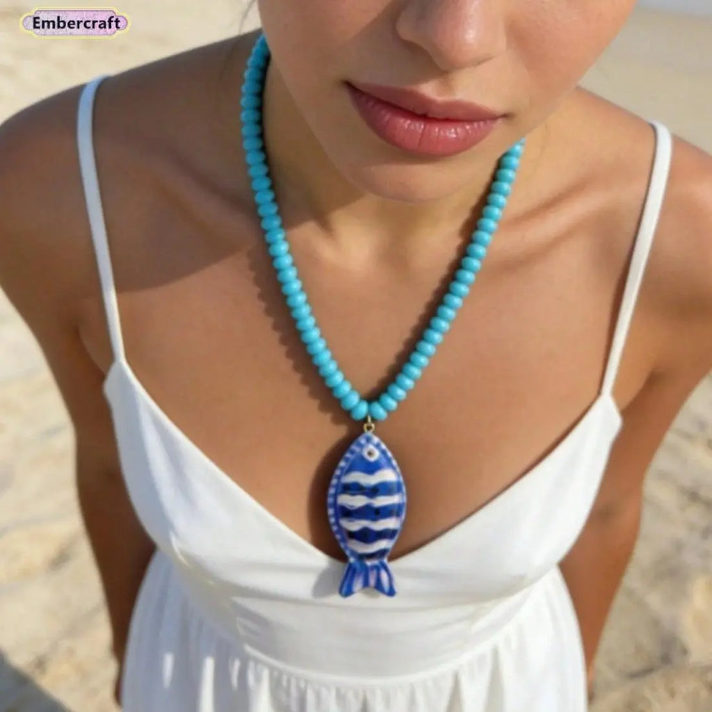 Dopamine Tropical Fish Beaded Necklace - Colorful Handmade Animal Pendant, Summer Beach Aesthetic Jewelry, Boho Mixed Seed Bead Choker for Hawaii Vacation, Fun Y2K Statement Gift for Her,summeroutfits,vacationoutfits,beachoutfits