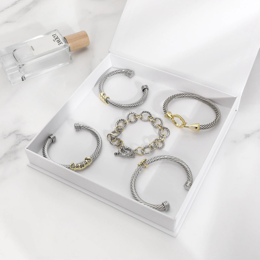 Aprilery 5PCS Stackable Twisted Cable Bracelet Set – Adjustable Two-Tone Cuff & Chain Link Design Jewelry Perfect Mother's Day Gift