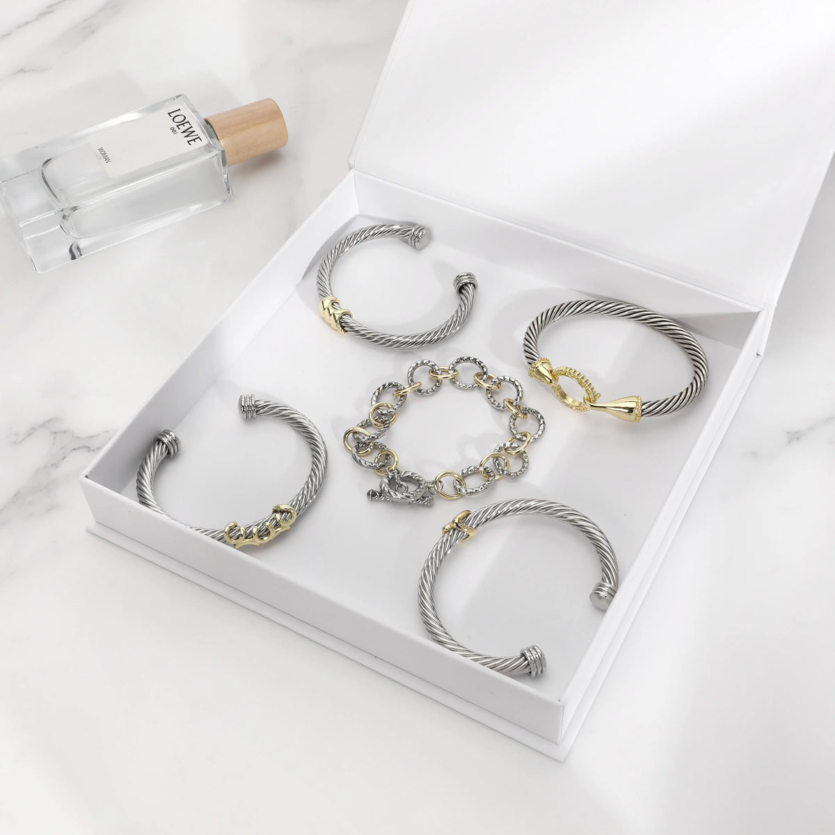 Aprilery 5PCS Stackable Twisted Cable Bracelet Set – Adjustable Two-Tone Cuff & Chain Link Design Jewelry Perfect Mother's Day Gift